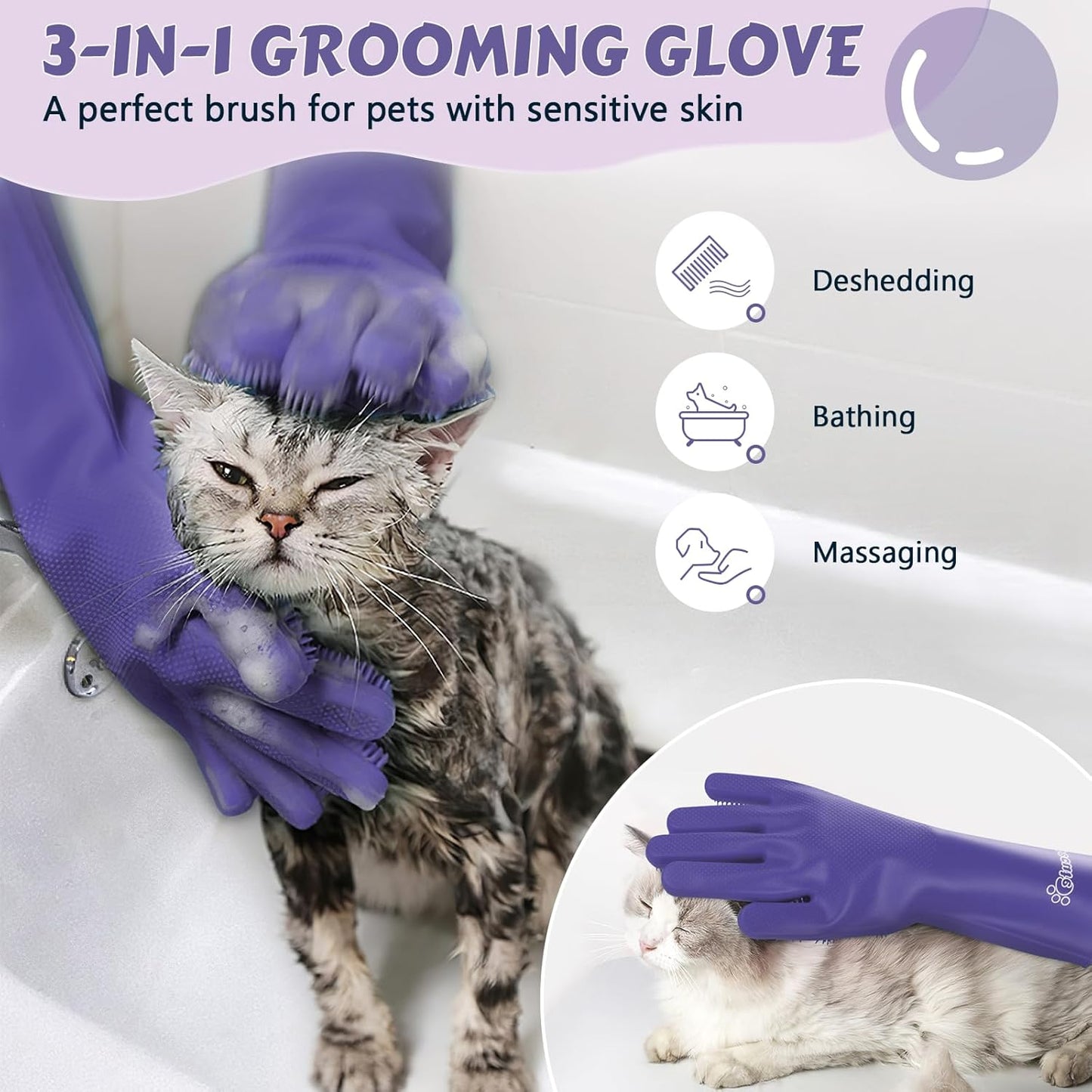 Pecute Heat Resistant Silicone Grooming Gloves with High-Density Teeth and Enhanced Five Finger Design for Bathing and Massaging Dogs and Cats