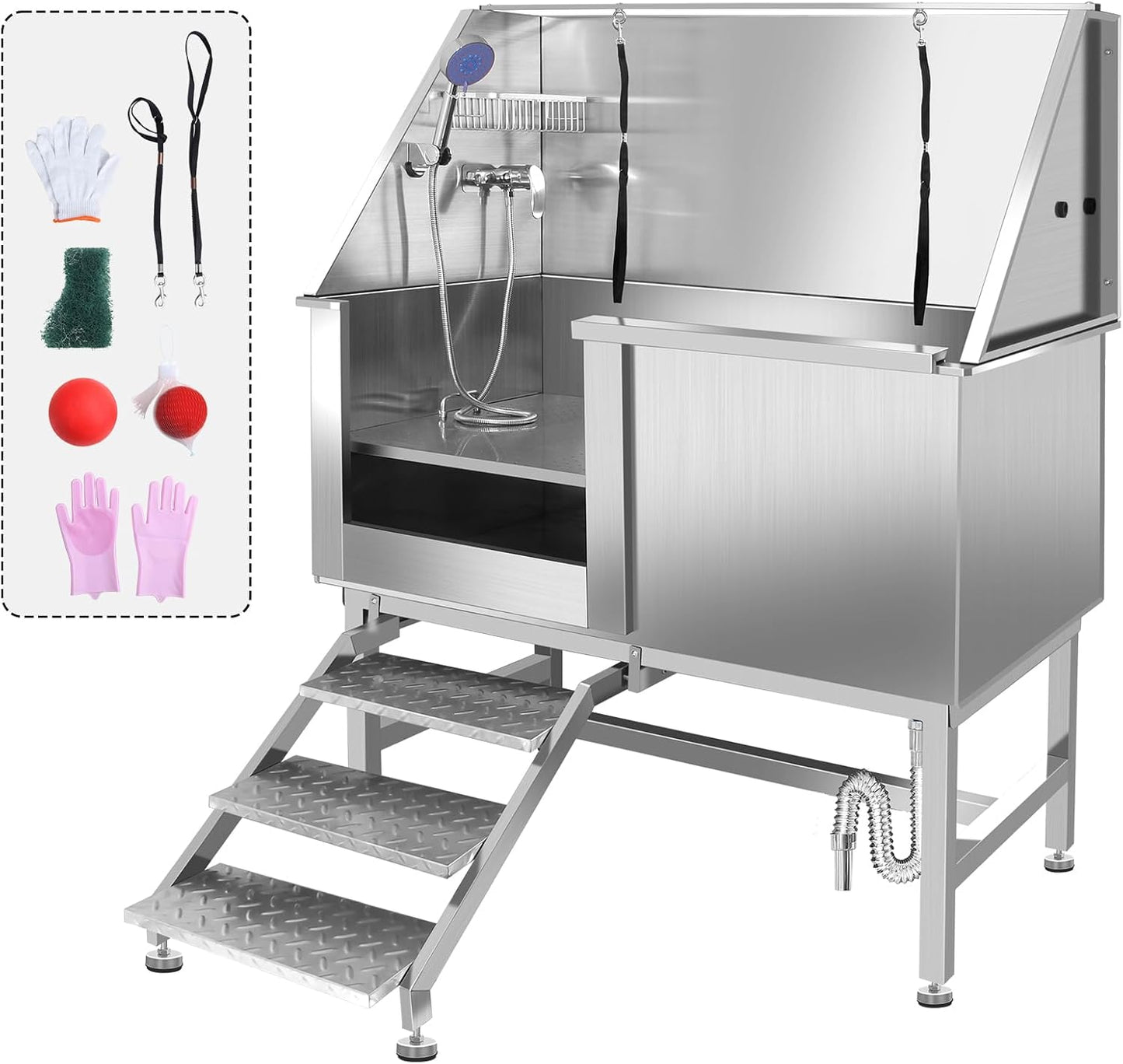 50" Pet Dog Bathing Station w/Ramp, Professional Stainless Steel Cat Grooming Tub w/Soap Box, Faucet,Rich Accessory, Dog Bathtub for Large,Medium,Small Pets, Washing Sink for Home