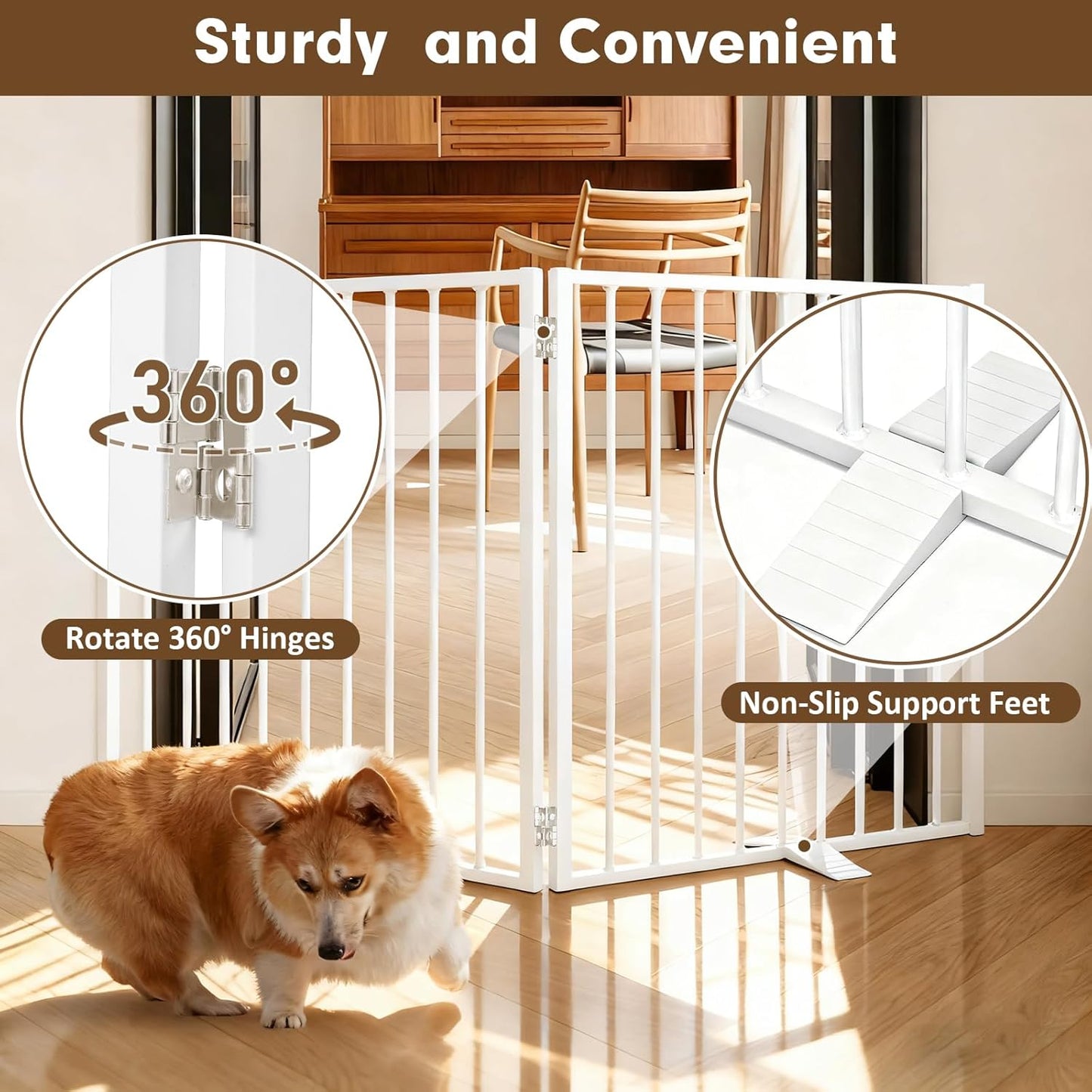 52" Dog Gate Extra Wide, Heavy Duty Metal Freestanding Dog Gate with Door for Indoor & Outdoor, Foldable Pet Fence for Stairs, Doorways,House,Porch,Deck,Yard, Auto Close(2 Panels,White)