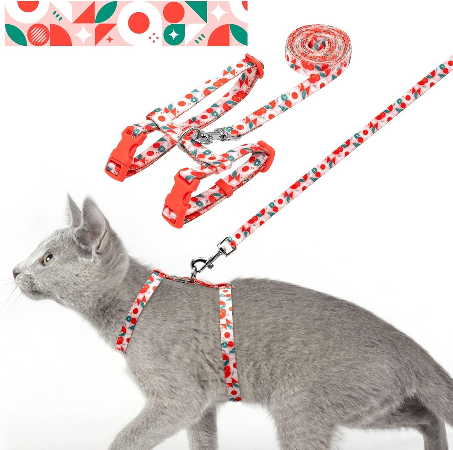 azuza Cat Harness and Leash Set for Safe Walking and Travel, Escape Proof Cat Harness, Lightweight Soft and Comfortable, Adjustable Kitten Harness for Small Medium Large Cats, Red Geometry
