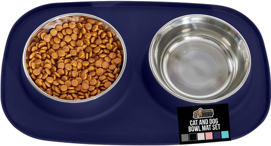 GORILLA GRIP Feeding Mat Set, Patent Pending 100% Waterproof BPA Free Silicone, Stainless Steel Cat and Dog Bowls, Slip Resistant, Edges Catch Water, Food, US Designed Pet Accessories, 2 Cup Navy Blue