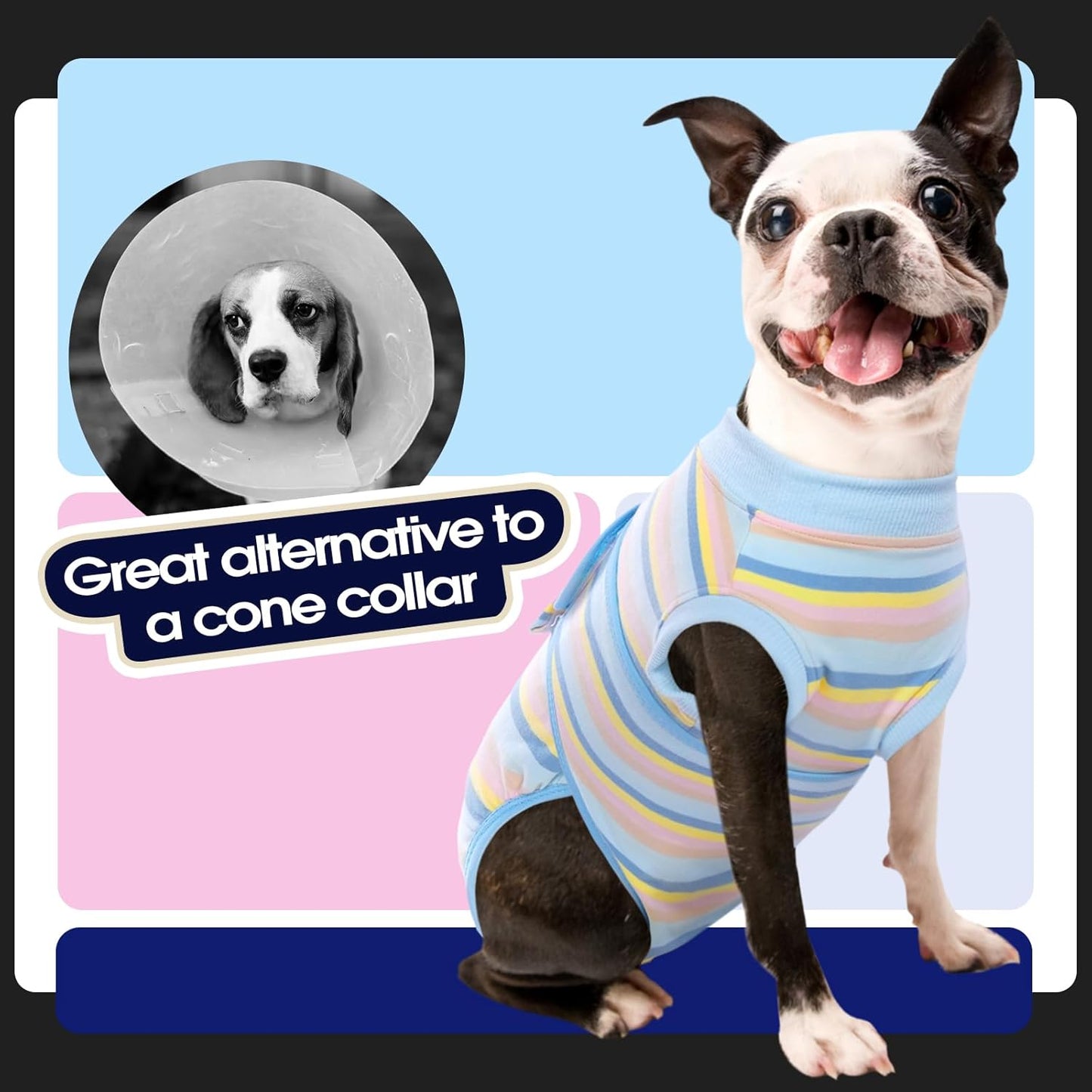 FUAMEY Recovery Suit for Dogs After Surgery,Soft Breathable Dog Bodysuit E-Collar & Cone Alternative Surgical Suit,Male Female Dog Neuter Spay Suits Anti Licking Wounds Onesie Blue Yellow Stripes XS