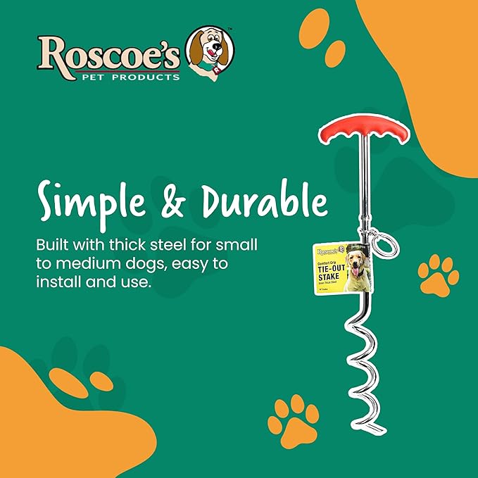 Roscoe's Pet Products Comfort Grip Tie Out Stake for Dogs. 4 (8mm, 18 inch)