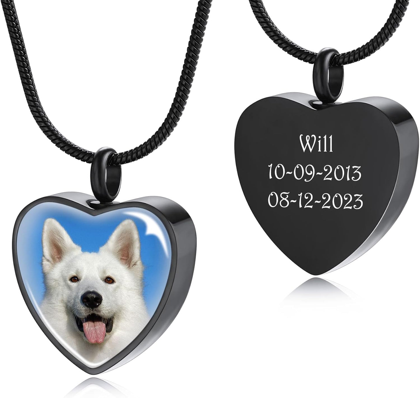 MeMeDIY Personalized Heart Paw Print Ashes Urn Pendant Necklace Custom Name/Photo/Date for Women Men Pet Lover Stainless Steel Memorial Dog Cat Pet Keepsake with Funnel Fill Kit Angel Wing