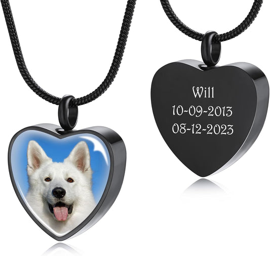 MeMeDIY Personalized Heart Paw Print Ashes Urn Pendant Necklace Custom Name/Photo/Date for Women Men Pet Lover Stainless Steel Memorial Dog Cat Pet Keepsake with Funnel Fill Kit Angel Wing