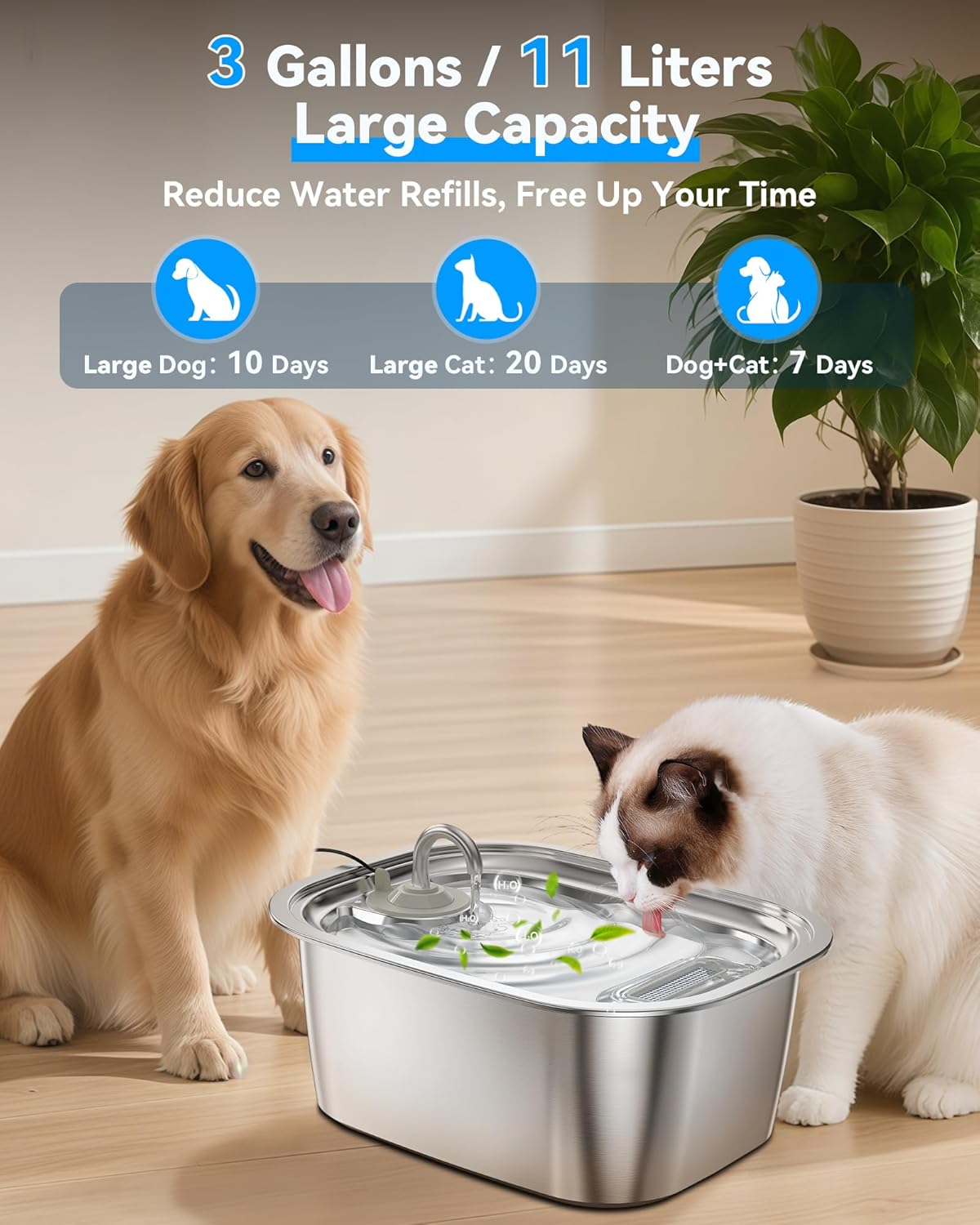 3 Gal Stainless Steel Dog Water Fountain for Large Dog, Pet Fountain Water Bowl Automatic Dispenser with Top Window & LED, Supet Quiet Pump for Multi Pet Home