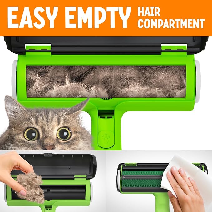 Triton Pet Hair Removal Tool w/Fur Trapping Compartment and Detachable Handle, 60% Smaller Storage Size, Reusable Shedding Roller, Cat and Dog Hair Remover for Car, Furniture, Carpet, Couch (Green)