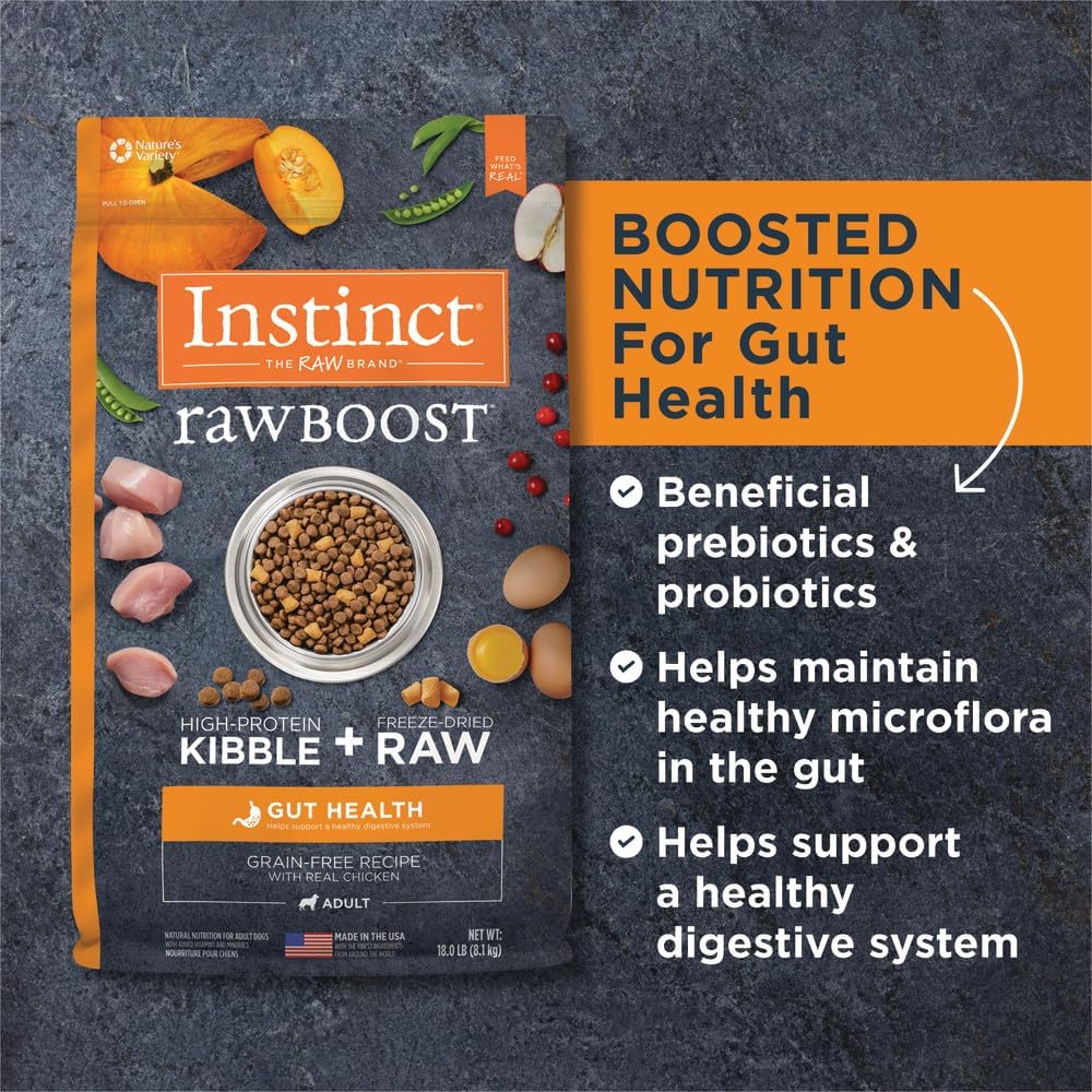 Instinct Raw Boost Gut Health, Natural Dry Dog Food with Freeze Dried Pieces, Grain Free Recipe - Real Chicken, 18 lb. Bag