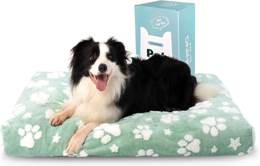 Dog Beds for Large Dogs, Cute Thick Dog Bed for Crate Kennel, Fluffy Pet Bed with Removable Washable Cover and Anti-Slip Bottom, 35"x 22", Green Paw