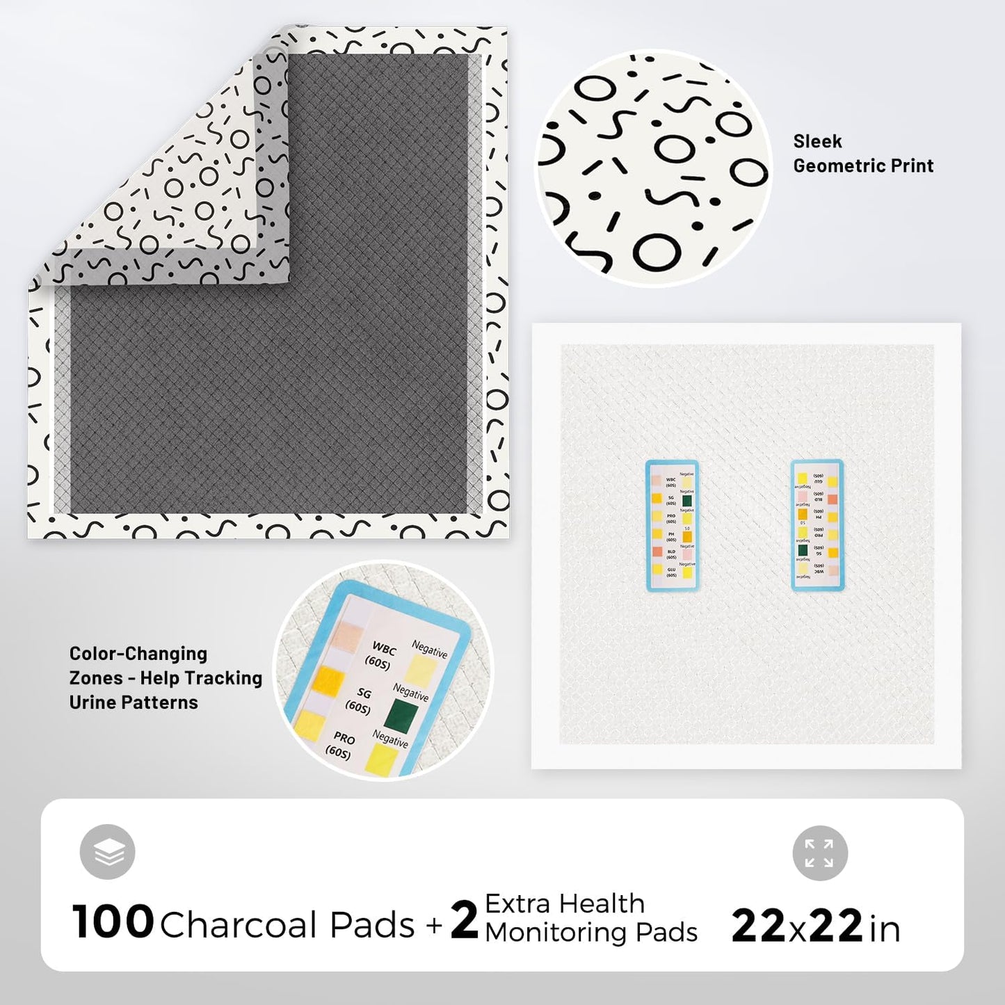 Charcoal Puppy Pee Pads for Dogs, 22"x22" 100 Counts + 2 Extra Health Monitoring Pads - Disposable Dog Potty Training Pads, Odor-Control, Super Absorbent & Leak-Proof