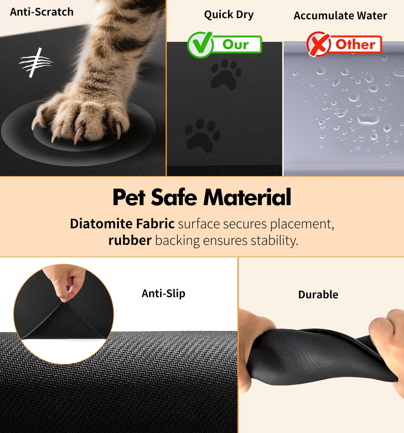 Pet Food Mat Absorbent Cat Food Mat Dog Mat for Food and Water Quick Dry No Stains Dog Feeding Mat Placemat for Messy Drinkers Cat Food Mats for Indoor Cats Bowl Mat Pet Supplies 17"X28" Black