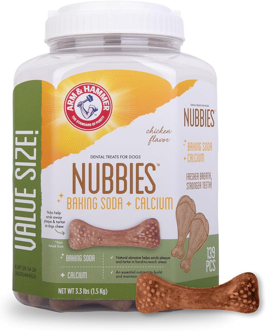 Arm & Hammer for Pets Nubbies Dental Treats for Dogs with Baking Soda and Calcium, Treat Chews Help Fight Bad Breath, Plaque & Tartar, Chicken, Value Bucket, 139 Pcs (Packaging may vary)