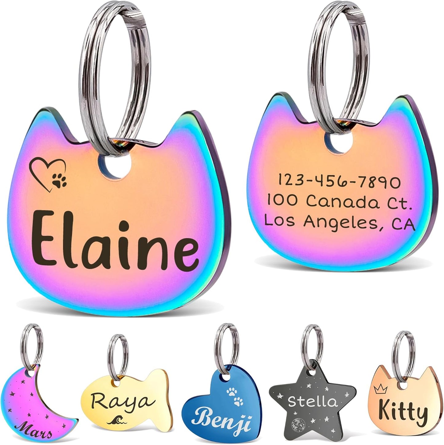 Anavia Small Size Dog Cat ID Tags, Small/XS Personalized Color Plated Stainless Steel Puppy Kitten Name Tags, Customized Engraved Nameplate Pet Collar Tag (Rainbow, Cat Head)
