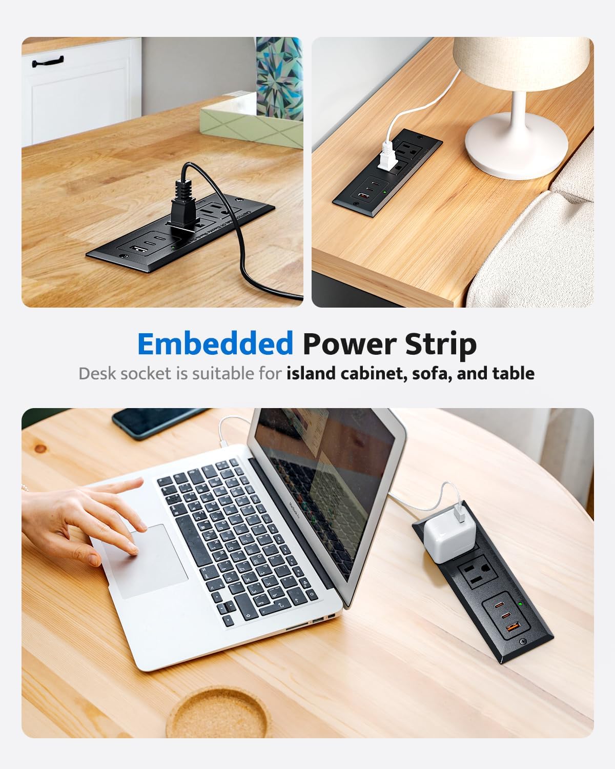 Recessed Power Strip with 20W USB C Port, Fast Charging USB A Port Conference Recessed Outlet, Space-Saver for Furniture Side Table, End Table, Desk Outlet with 6ft Cord, 45° Thin Flat Plug, Black