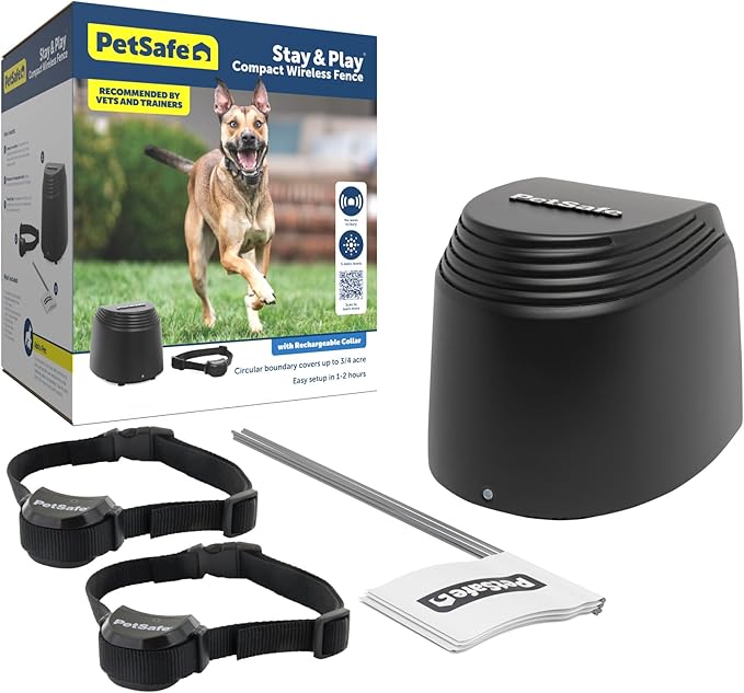 PetSafe Stay & Play 2-Dog Compact Wireless Fence - Portable & No-Dig - Includes 2 Collars - Covers Up to 3/4 Acre - for Dogs 5lb+