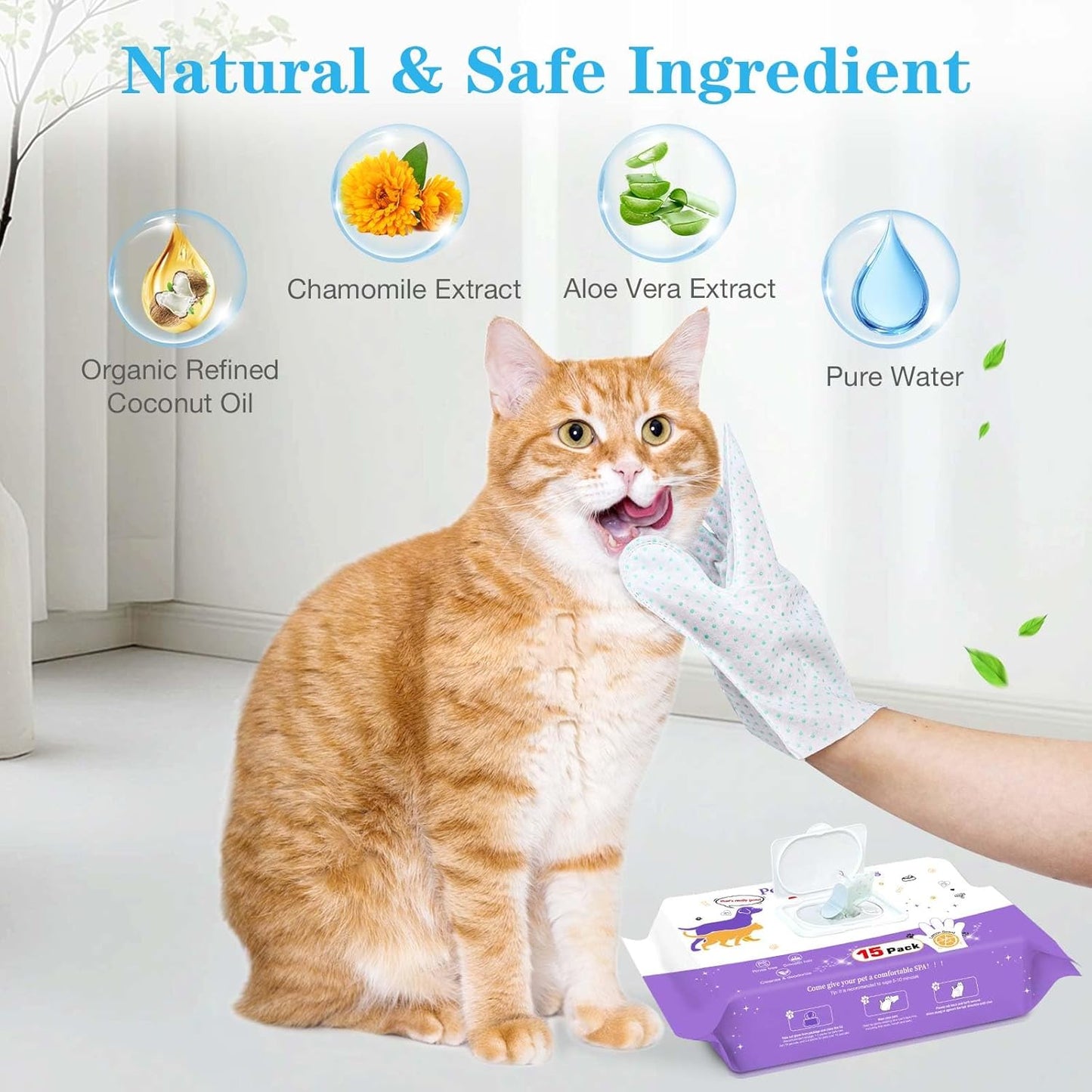 Dog Cleaning Gloves Wipes 15pcs Deodorizing Disposable Pet Grooming Bathing Gloves Extra Thick, No Rinse Shampoo Dry Cleaning Gloves for Dogs & Cats Paw Face Ear Fur and Butt