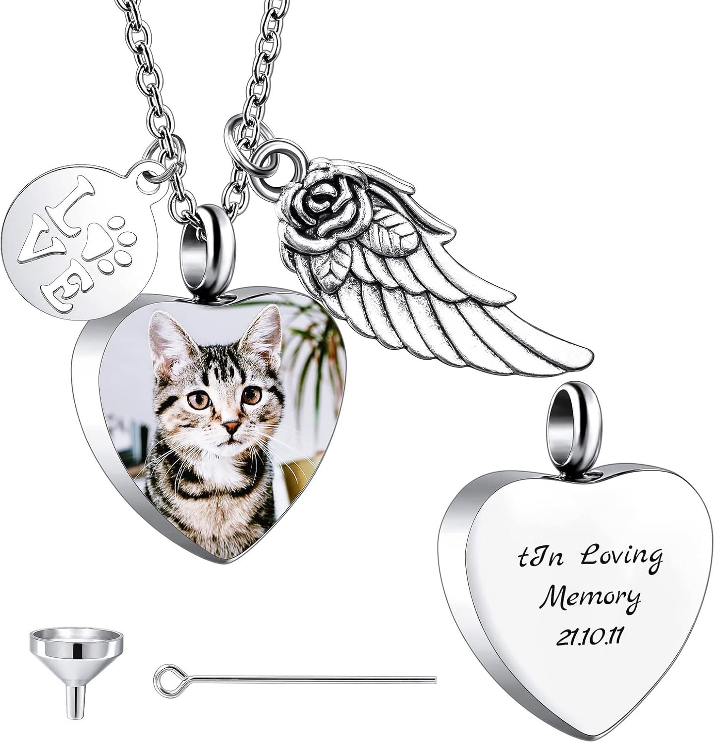 Personalized Urn Necklace for Pet Ashes Custom Photo/Name/Date Paw Print Pendant for Women Men Cremation Jewelry Memorial Keepsake for Dog/Cat/Pet Urn Necklace with Funnel Fill Kit