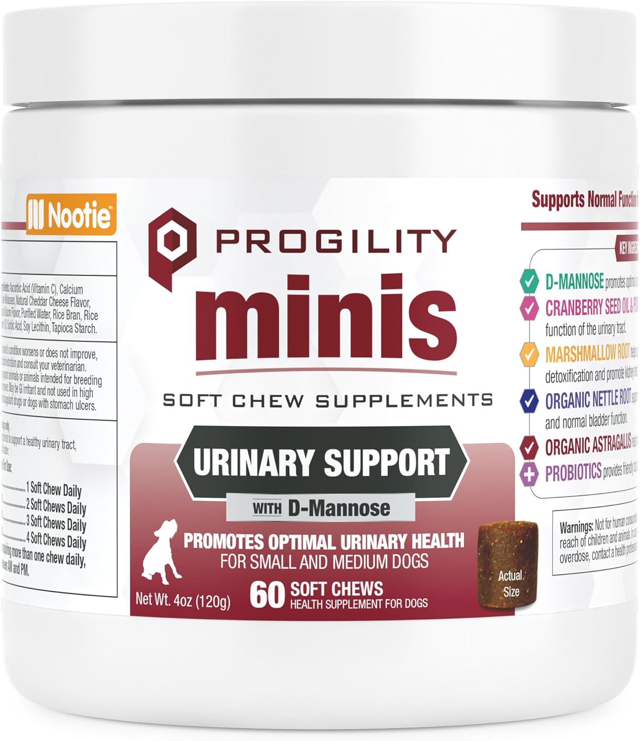 Nootie Progility Mini Urinary Support Supplement for Dogs, Bladder Support and Urinary Tract Support for Dogs with Cranberry and D-Mannose, 60 Soft Chews per Container