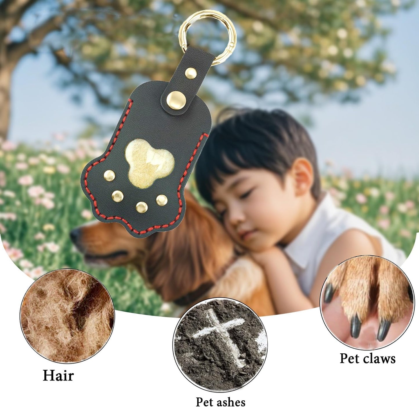 Leather Pet Memorial Keychain, Cat & Dog Hair Keychain, Cute Paw Shaped Keychain, Pet Memorial Gift for Pet Lovers, Key Holder with Collecting Pet Fur and Photo