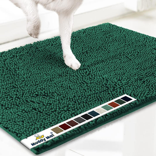 Muddy Mat® AS-SEEN-ON-TV Highly Absorbent Microfiber Dog Door Mat and Pet Rug, Non Slip Thick Washable Area and Bath Mat Soft Chenille for Kitchen Bathroom Bedroom and Indoor - Dark Green XXL 60"X48"