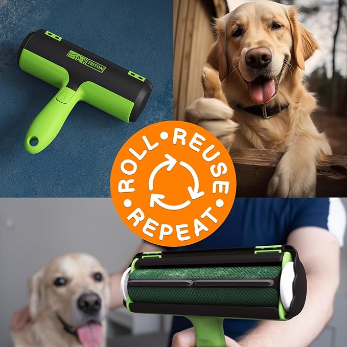 Triton Pet Hair Removal Tool w/Fur Trapping Compartment and Detachable Handle, 60% Smaller Storage Size, Reusable Shedding Roller, Cat and Dog Hair Remover for Car, Furniture, Carpet, Couch (Green)