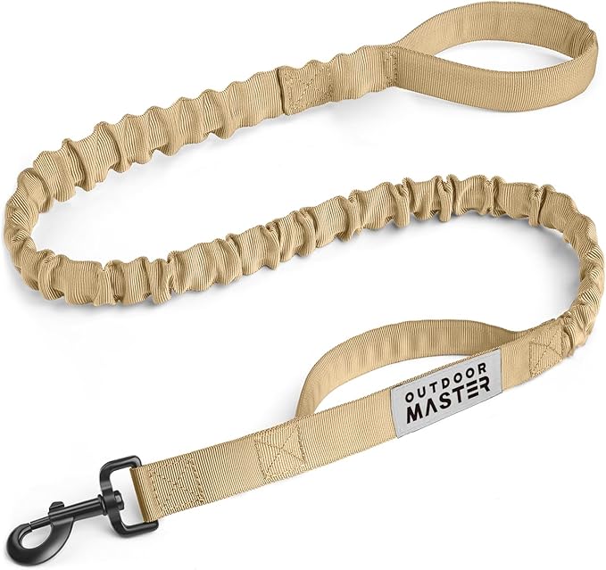 OutdoorMaster Bungee Dog Leash, Heavy Duty Dog Leash with Shock Absorption, 2 Padded Handles Training Leash, Improved Dog Safety and Comfort (Tan, 4 FT)