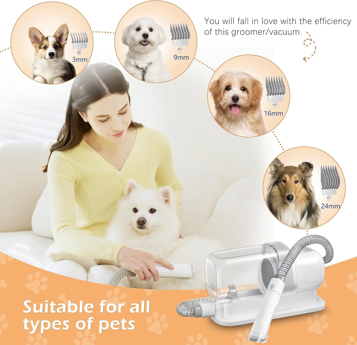 Grooming Kit with 2.3L Vacuum Suction 99% Pet Hair, Pet Grooming Vacuum Low Noise with 5 Tools and 4 Different Lengths Clipper Guards for Dog Cat (White)