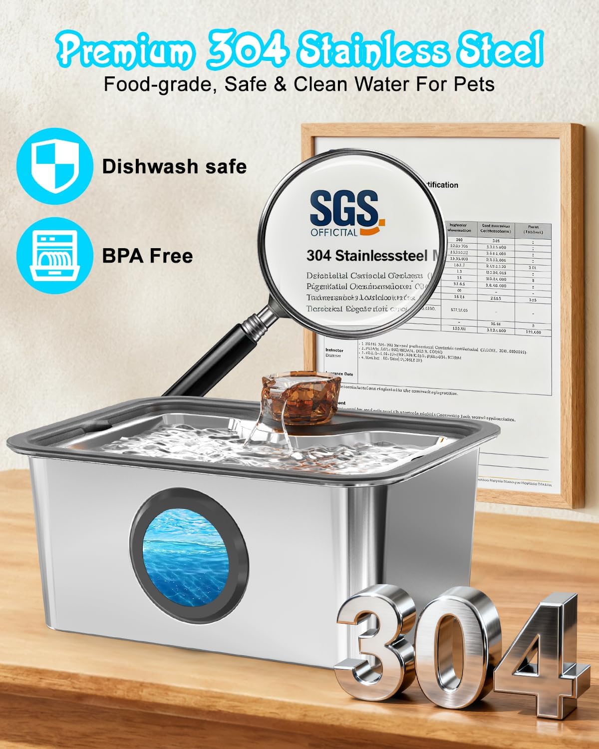 Dog Water Fountain for Large Dogs, 12L Stainless Steel 304 Pet Water Fountain, Cat Drinking Dispenser, Size:13.5 * 10.6 * 7inches, Smart Quiet Pump and Easy to Clean