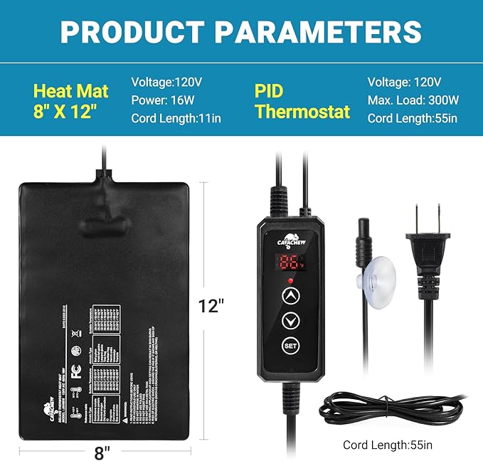 Reptile Heat Pad with Dimming Thermostat, 8" X 12" 16W Heating Pad Combo Set for 30-40 Gallon Reptile Tank, Under Tank Heater for Reptiles, Turtle, Snake, Lizard, Hermit Crab, Frogs, Seed