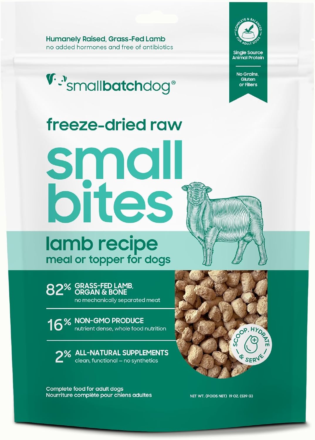 smallbatch Freeze Dried Dog Food – Lamb Recipe, Grain Free, Organic Produce – Grass Fed Lamb Hearts & Organs – High Protein Meal or Topper – Complete & Balanced Nutrition – 19 oz, Made in USA