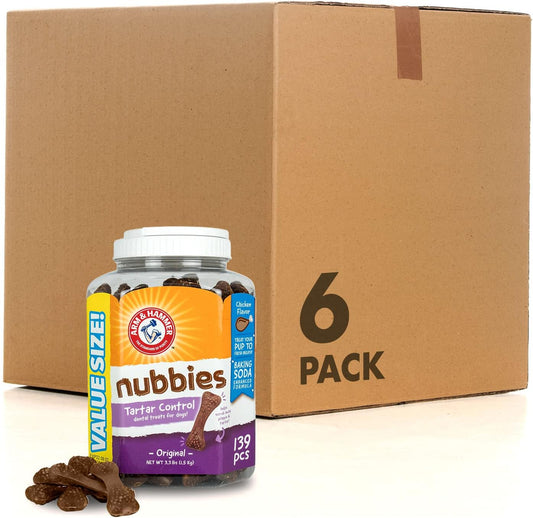 Arm & Hammer for Pets Nubbies Dental Treats for Dogs with Baking Soda and Calcium, Treat Chews Help Fight Bad Breath, Plaque & Tartar, Chicken, Value Bucket, 139 Pcs, 6-Pack (Packaging May Vary)
