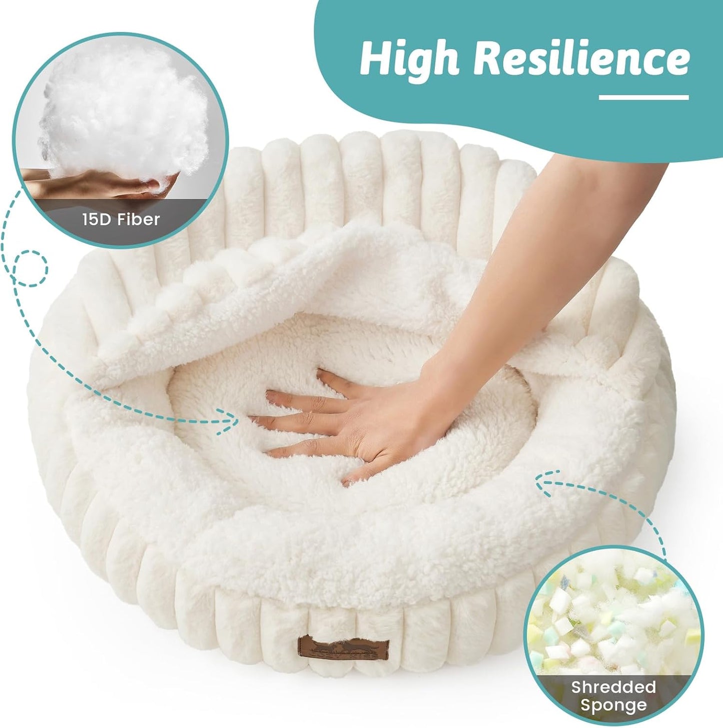 Dog Bed with Hooded Blanket, Round Fluffy Anti-Anxiety Pet Bed for Medium Dogs & Large Dogs, Cozy Donut Cuddler with Machine Washable Faux Fur & Anti-Slip Bottom(35"×35"×7",Cream)