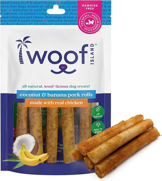 Coconut & Banana Pork Rolls - Healthy Natural Pork Treats - Rawhide Free Pet Chews - Long Lasting No Hide Chews for Small Medium Large Dogs - Raw Hide Free Puppy Chew Roll (1 Pack)