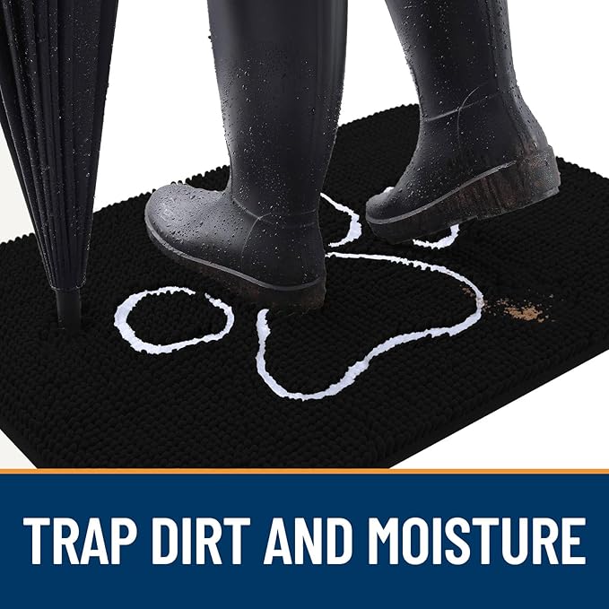 OLANLY Door Mat for Muddy Dog Paws 40x32, Ultra Absorbent Chenille Mud Doormat with Paw Print Design, Non-Slip Washable Doormat for Indoor Entryway, Quick-Dry Pet Bed Mats for Dirty Dogs, Black