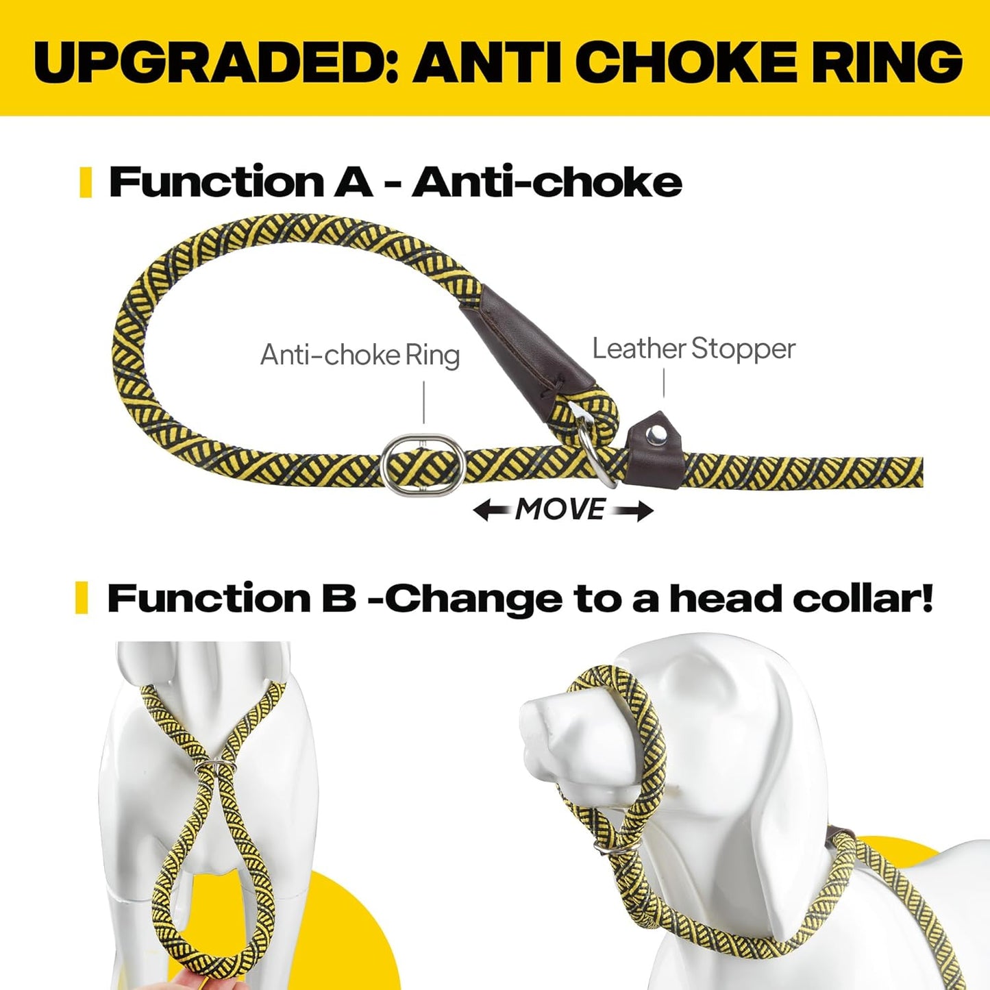 Fida Durable Slip Lead Dog Leash, 6 FT x 3/8" Heavy Duty Comfortable Strong Rope Slip Lead for Small Dogs and Puppies, No Pull Pet Training Leash with Highly Reflective (3/8", Yellow)