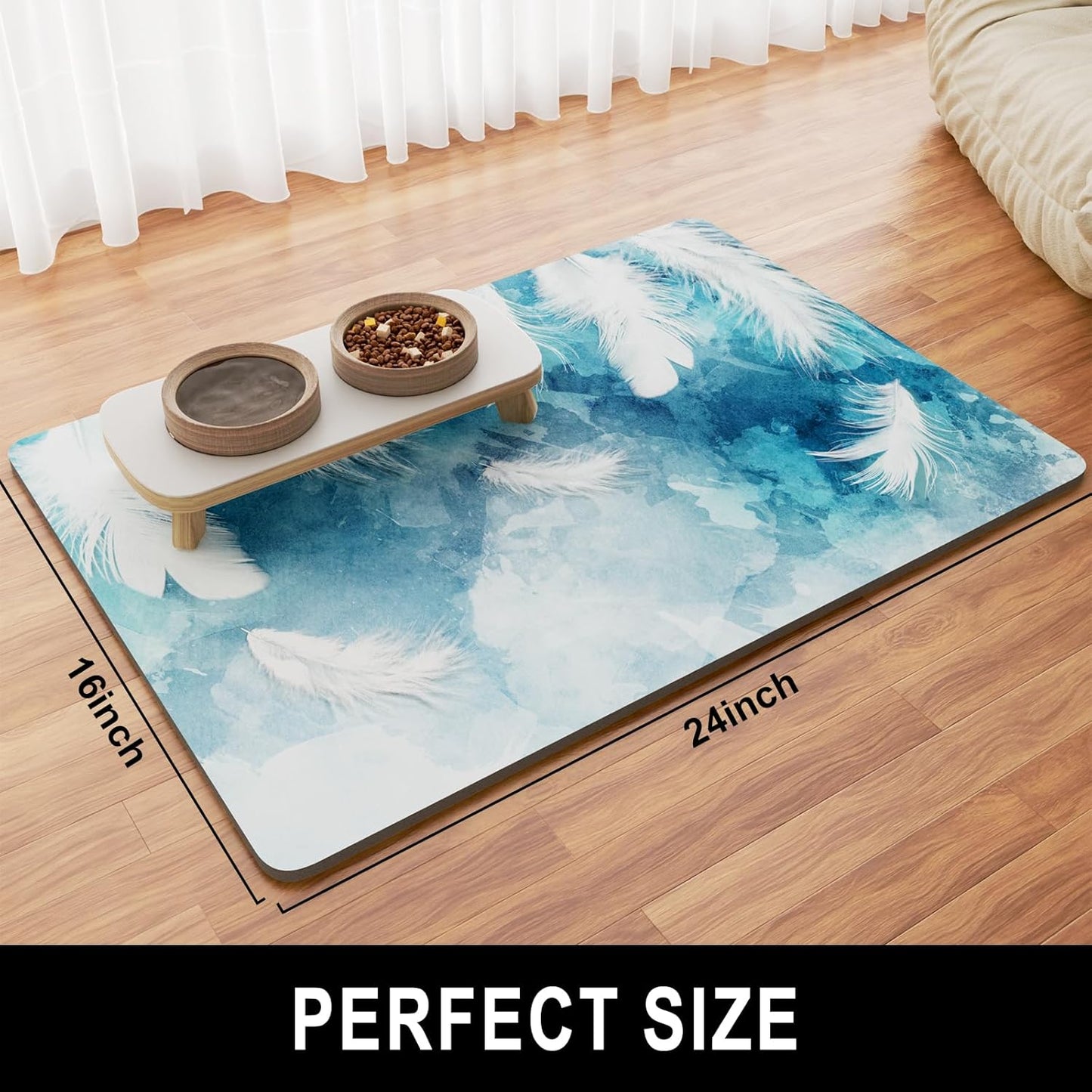 Dog Food Mat, 16" x 24" Absorbent Dog Cat Bowl Mat for Food and Water, Cute Anti-Slip Rubber Pet Feeding Rug Protect Floors, Washable Placemat for Feeding & Watering Supplies, Feather