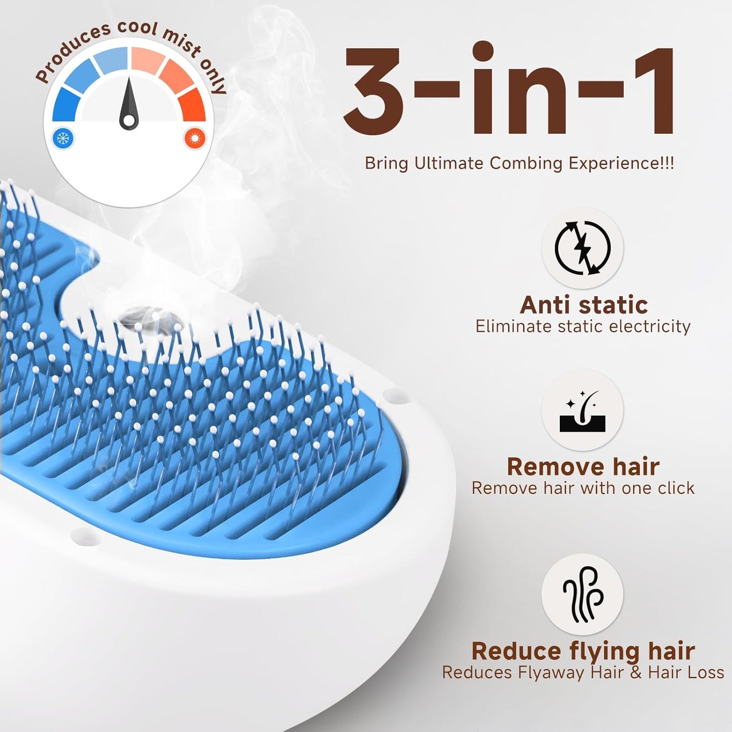Pet Steam Brush for Dog & Cat - 3-in-1 Steam Grooming Brush for Shedding - Self Cleaning Spray Comb with Mist for Long Haired Pets - Includes Waterless Shampoo & undercoat rake, Blue