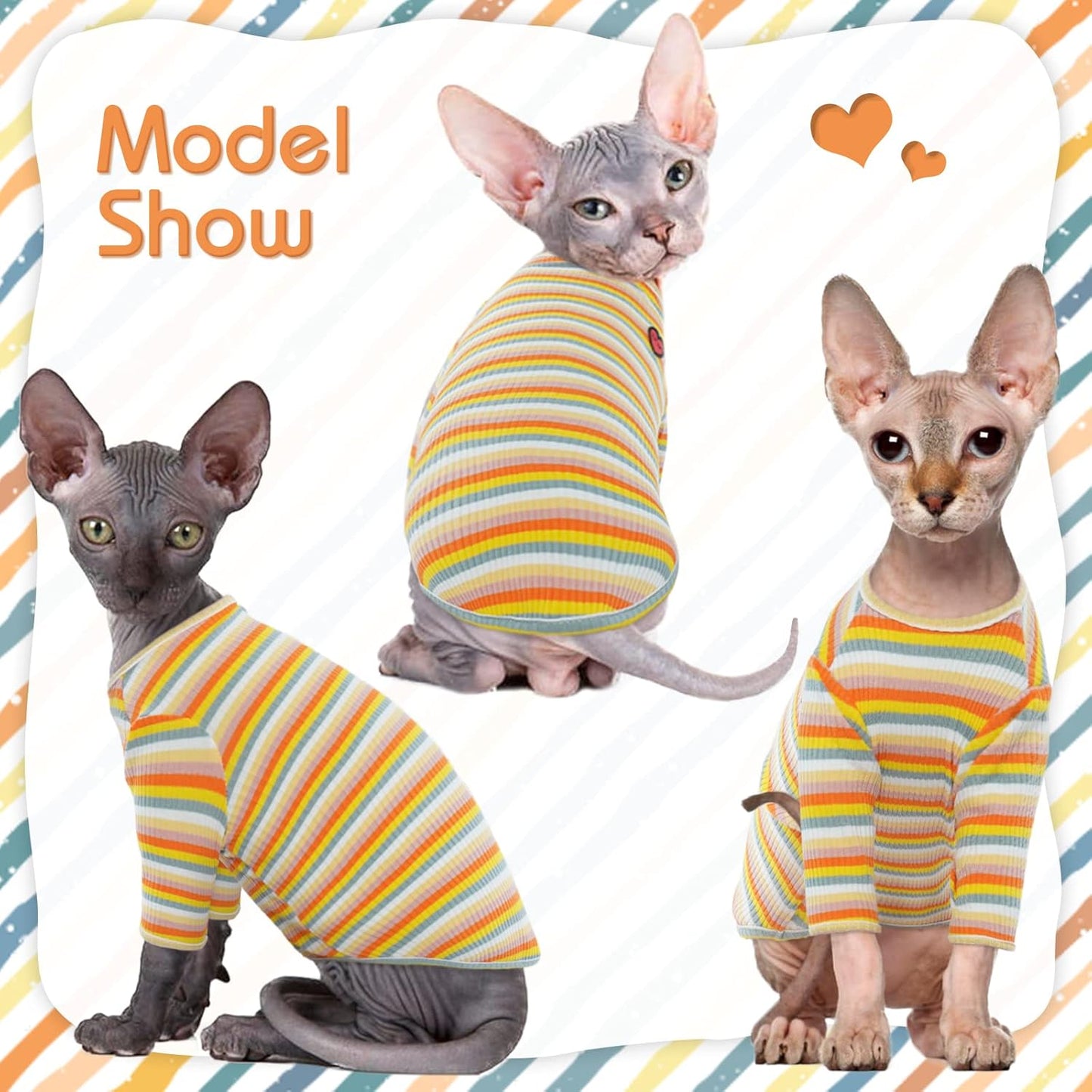 DENTRUN Hairless Cats Shirt Breathable Cat Daily Wear Clothes Stripe Vest Adorable Pajamas Jumpsuit Soft & Skin-Friendly