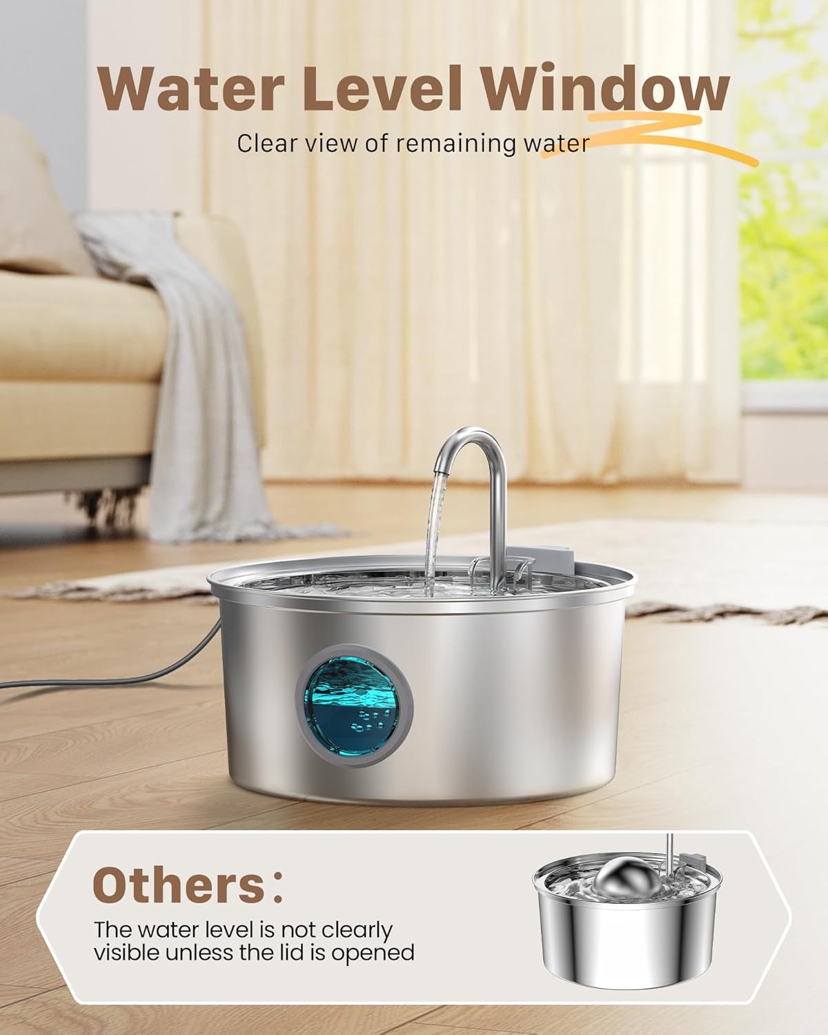 Stainless Steel Pet Water Fountain: 108oz/3.2L Cat Fountains with Led Light - Metal Bowl