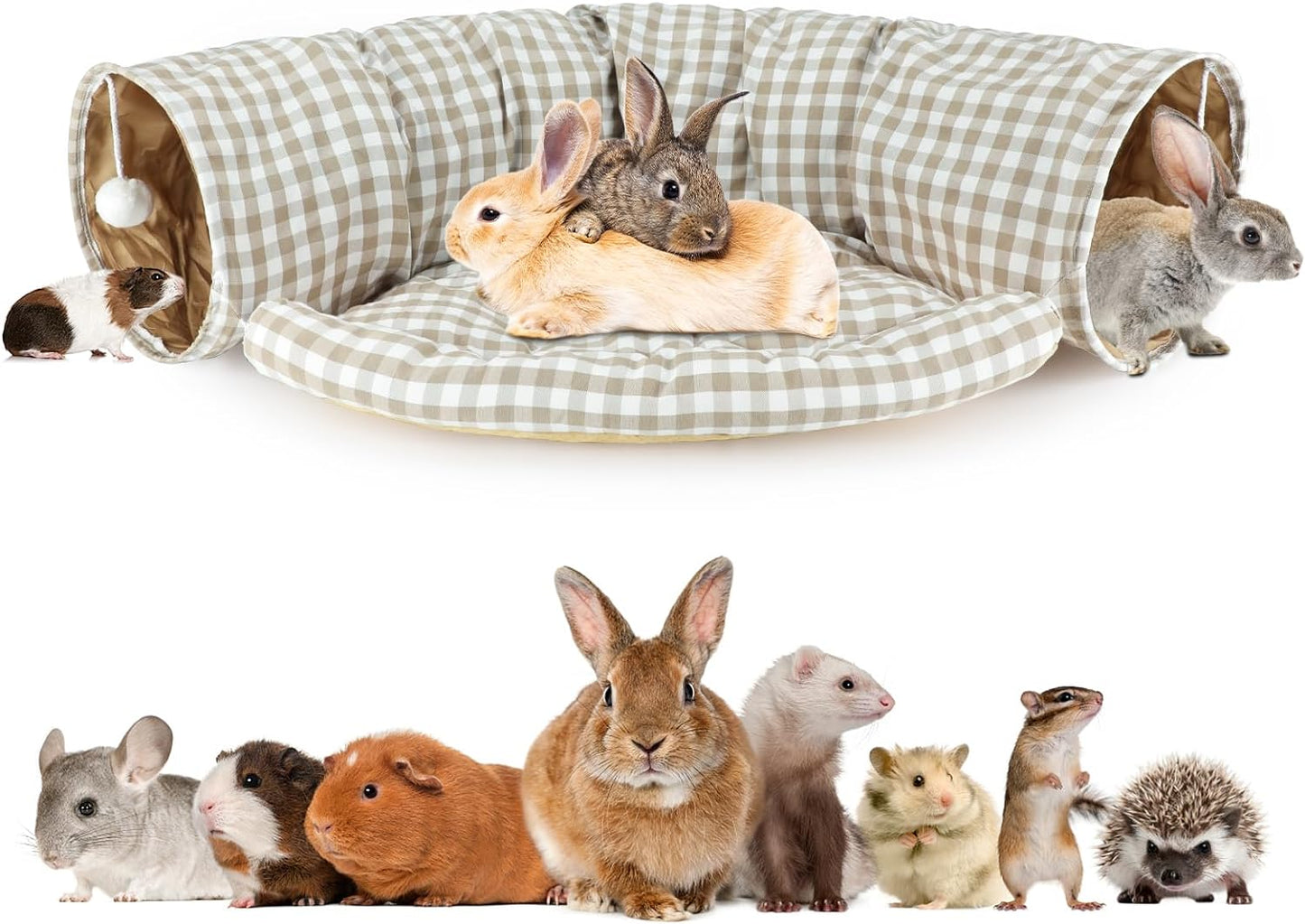 BWOGUE Bunny Tunnel Bed, 2-in-1 Collapsible Tunnel Tubes Toys with Removable Mat Hideout for Cats Kittens Rabbits Guinea Pigs Kitty