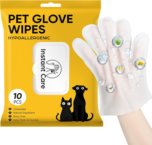 Pet Glove Wipes for Dogs Cats Disposable Dog Wipes Cleaning Deodorizing for Fur Paws and Butt Rinse Free Shampoo Mittens Cat Grooming Bath Wipes 10PCS