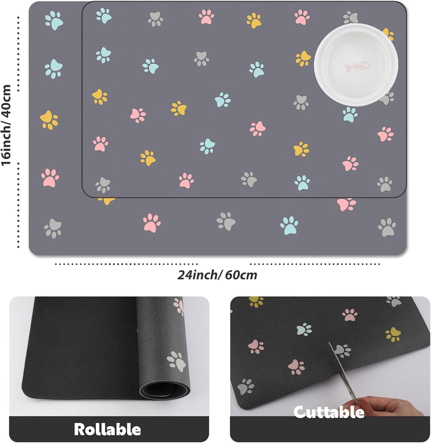 Cat Food Mat Absorbent Dog Mat for Food and Water Non Slip Quick Dry Dog Bowl Mats for Floors 24" X 16" Paw Light Gray