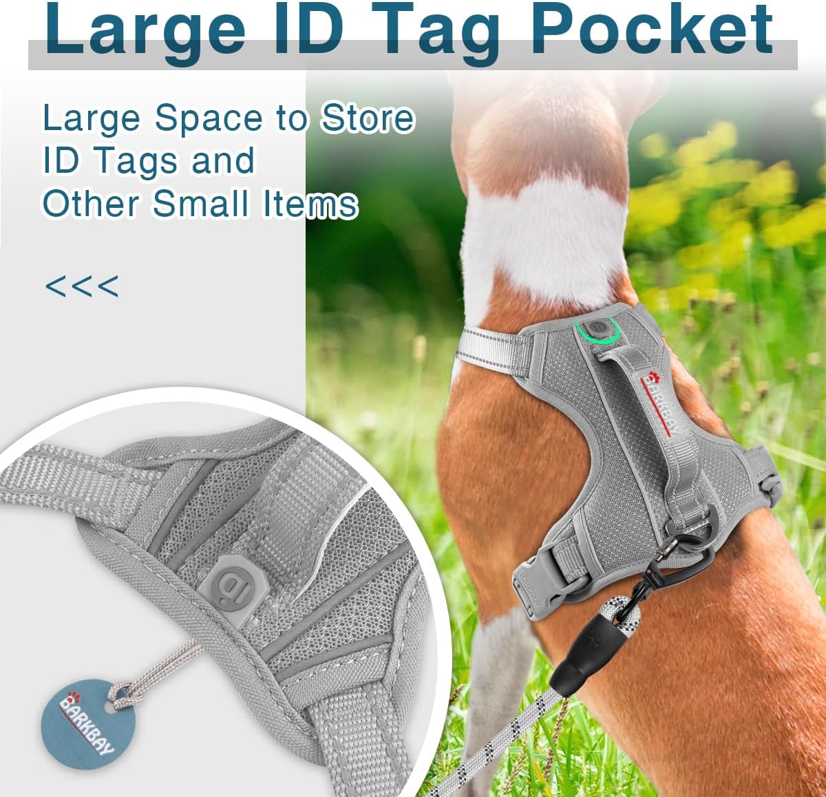 BARKBAY Dog Harness No Pull with ID Tag Pocket - Heavy Duty, Reflective, Easy Control for Large Dogs(Grey,M)