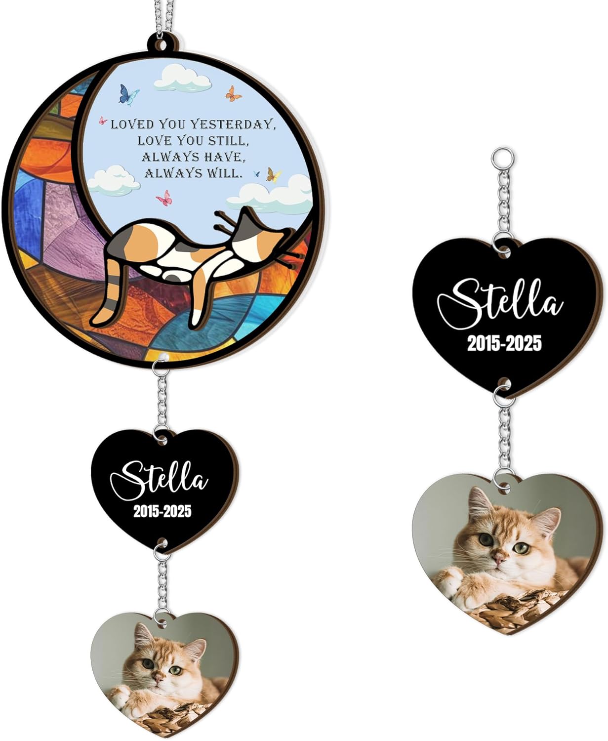Personalized Stained Glass Sleeping Cat Suncatcher |Cat Loss Sympathy Gift | Customized Pet Memorial Suncatcher with Charms | Custom Pet Memorial Gifts| Best Gifts for Your Beloved Cats Passed Away