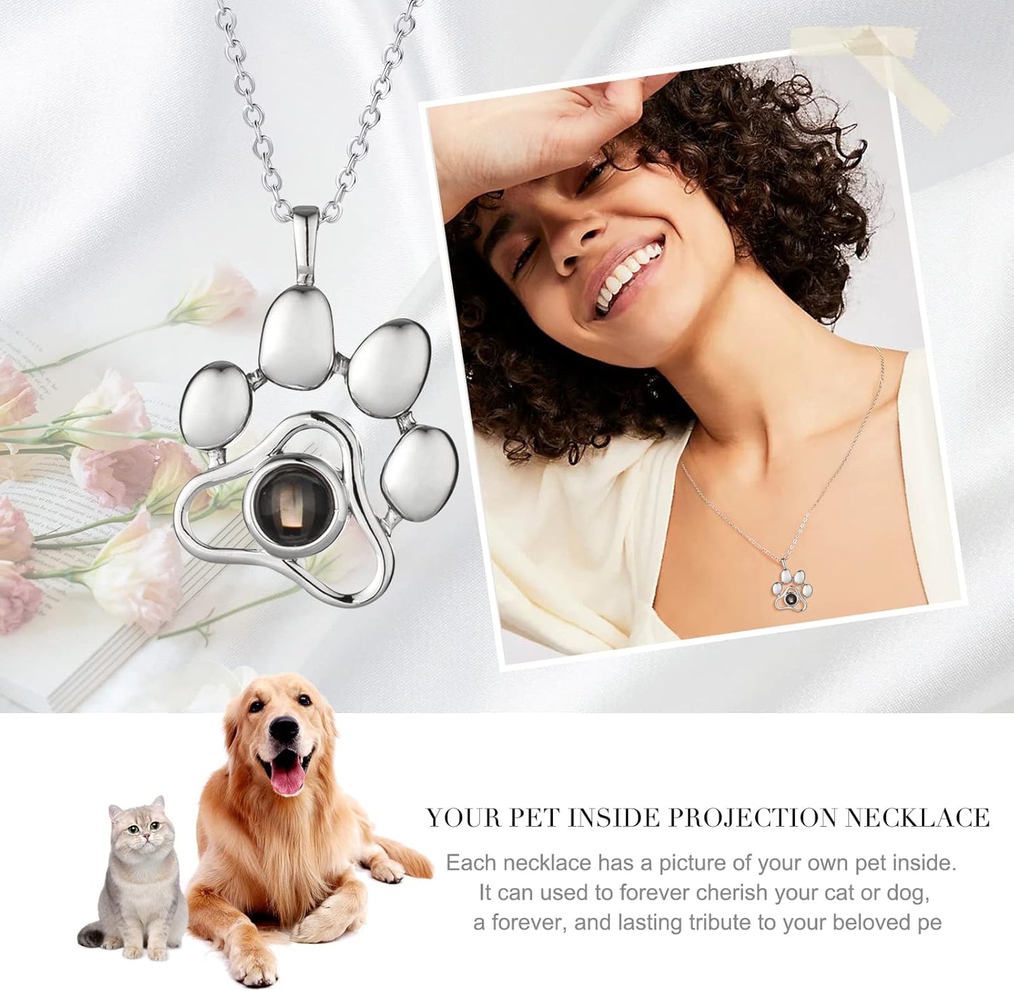 OPALSTOCK Personalized Pet Photo Necklace, Custom Photo Charm Projection Necklace Dog Cat Paw Pendant Pet Memorial Jewelry