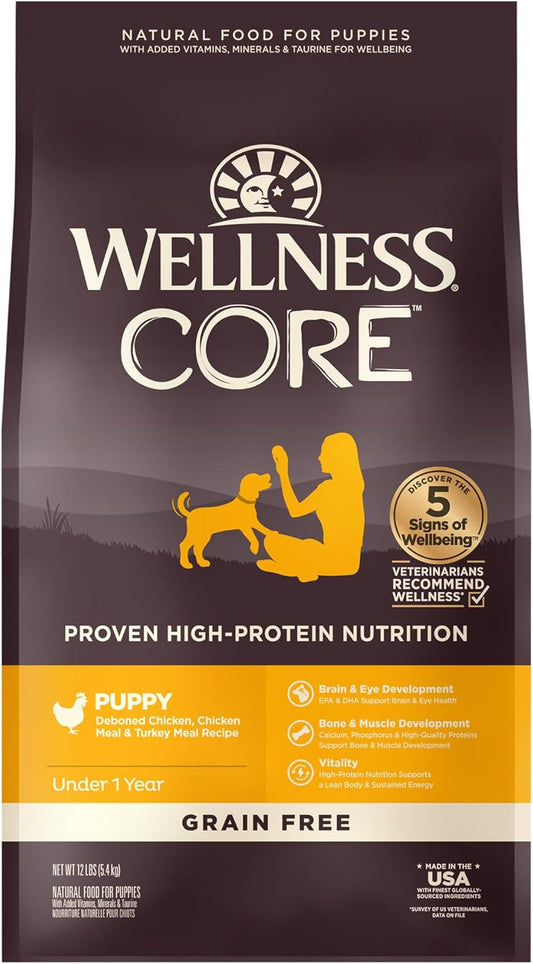 Wellness CORE Puppy Dry Dog Food, Grain-Free, High Protein, Natural, Chicken & Turkey Recipe, (12-Pound Bag)