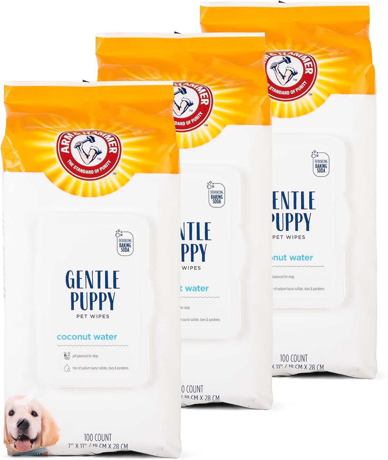 Arm & Hammer for Pets Gentle Puppy Bath Wipes, Coconut Water All Purpose Puppy Cleaning Wipes Remove Odor & Refresh Skin for Pets Gentle Tearless Pet Wipes 100 Count, (Pack of 3)