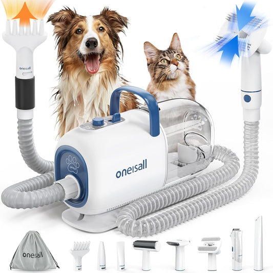 oneisall Dog Vacuum & Dryer for Shedding Grooming, 8 in 1 Dog Grooming Kit with Metal Blades Pet Clippers, Adjustable Speed and Temperature Control Blower