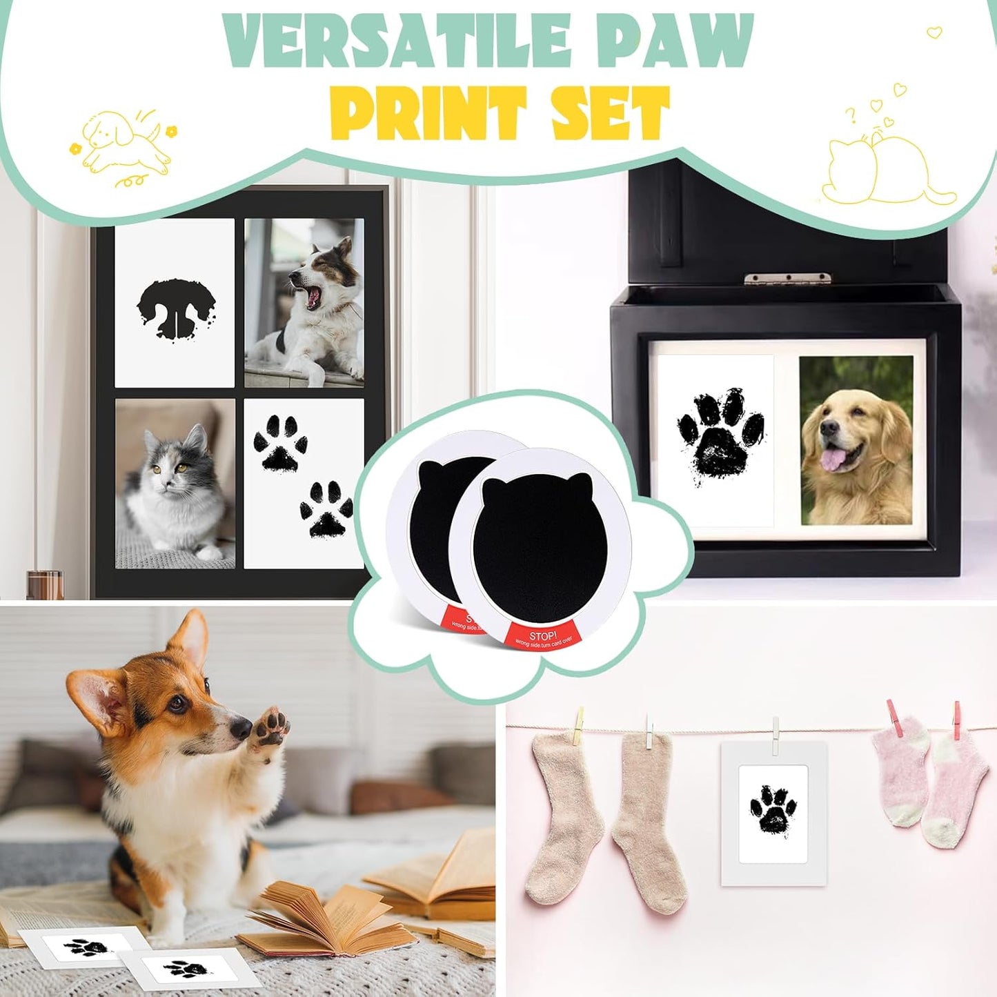 Nabance Paw Print Kit, Dog Nose Print Kit, Mess-Free Paw Print Ink Pads, 8Pcs Pet Paw Print Impression Kit with Photo Frames, Safe Clean Touch Ink Pads, Nose Print Stamp Pad for Dogs Cat
