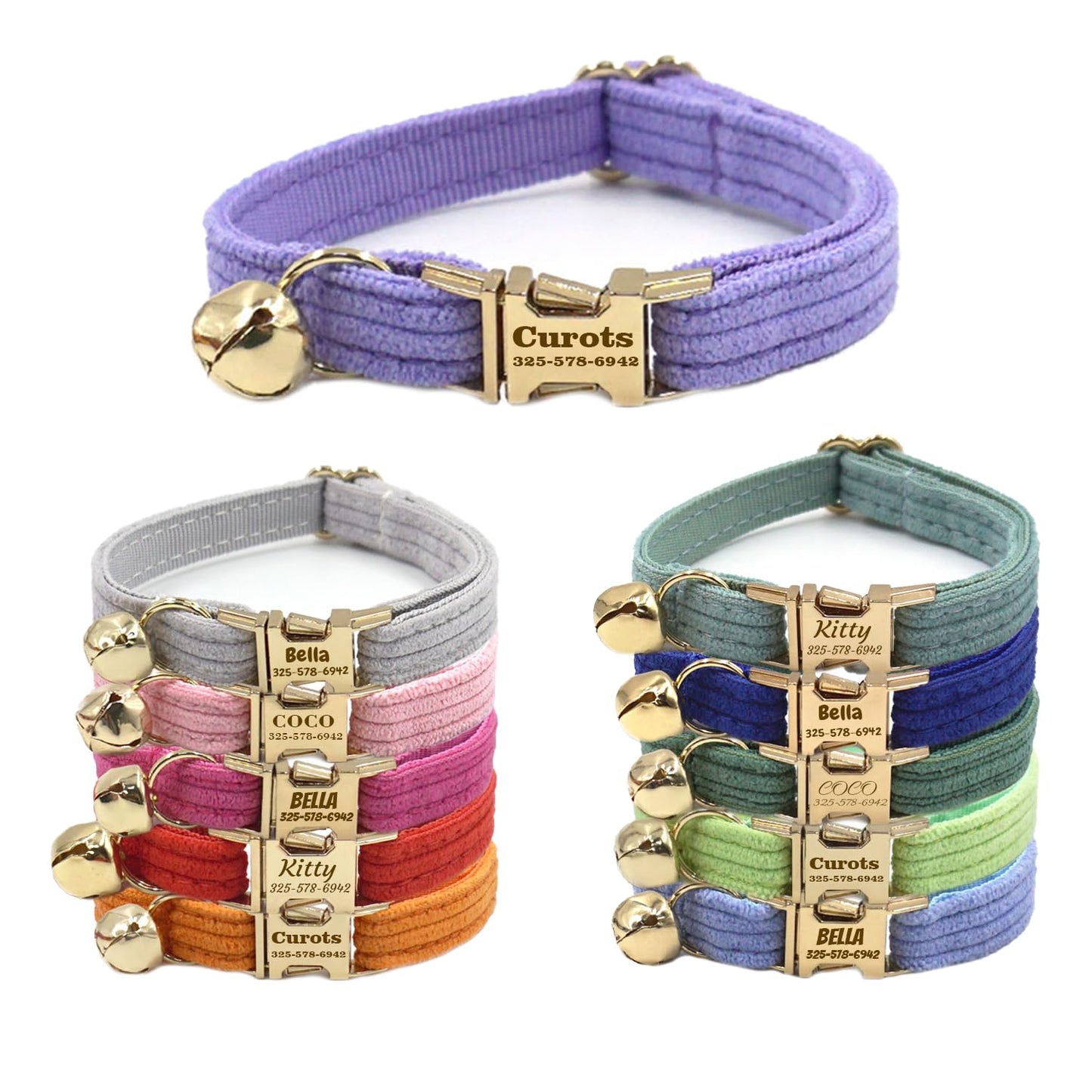 Personalized Cat Collar with Pet Name Phone Number Engraved Metal Buckle, Customized Adjustable Velvet Collars with Bell for Kittens
